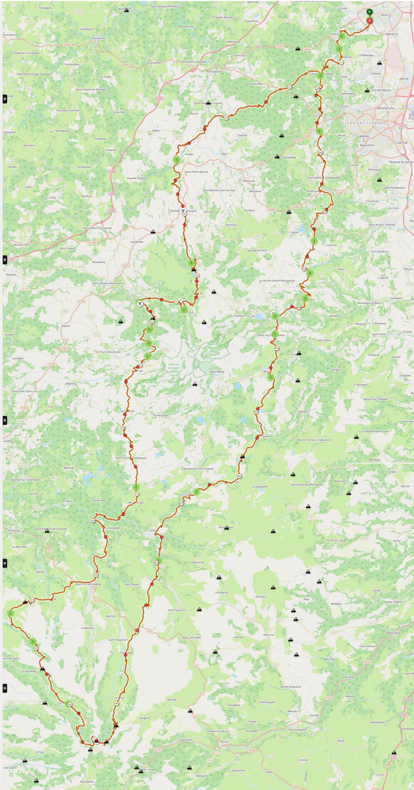 Parcours du 300 km de la Cyclomontagnarde des Volcans